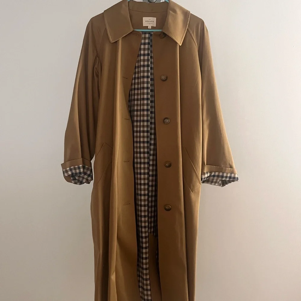 Sezane Brown Trench Coat with Checkered Lining - Picture 1 of 4